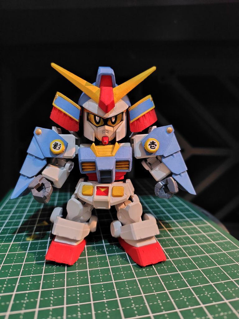 塗装は「武者」感を強調したかったのでアクリルガッシュ和を使用。猩々緋、露草色、鬱金色を使ってます。露草色が一昔前のRX-78-2感が出てとても良い。なお水で薄めるので使いやすいですがザラつきが気になるので今後の課題としたいです。エアブラシで吹けるんですかね?教えてくださいターナー色彩さま。白はタミヤのフラットホワイトを使用。