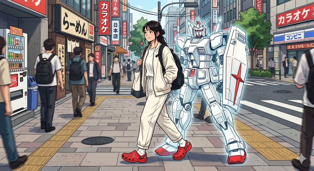 作品名：街で見かけた女のコ<p>「街で見かけた女の人が上下白っぽい服装で（上はどんな服かちゃんと見てないけど、下はズボン）赤いクロックス履いてて、ガンダムに見えた。っていうイラスト描いてください。」て、gemini に 頼んだら描いてくれた絵。まじでこ [&hellip;]</p>
