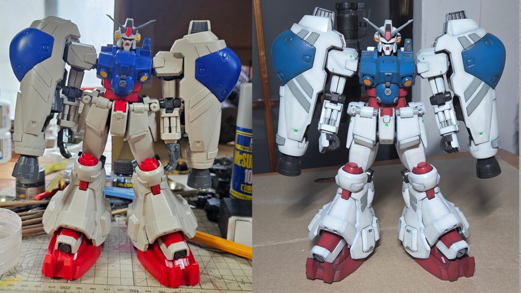 素組との比較です。脚が長すぎる&足がデカすぎるので、そこをメインに調整しました。 他の作例みてると、むしろ脚と足を大きくしてでっぷりさせるのがメインらしいのですが、どうもスタイルの整合性がとれない気がします。パースを表現していると言われればそれまでですが、どうも同人誌における奇乳やケツデカに近いヲタ趣味的ガラパゴスダサさの極みに感じてしまうので、私は自然なヒトガタの頭身に極力近づけていくことにしています。前作のザクもですが、むっちりでっぷり、短足って最高です。 足:5~7mmくらい短縮 同時に高さも5mmほど短縮足首:接続部のボールジョイント基部で2mm短縮脚:もろもろ調整