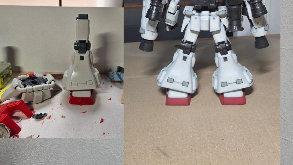 左が素組なのですが、長さが左右で異なっているんですよね。外側が長くなっていて、脚を広げて立ったときに裾が地面に対して平行になるように歪んだデザインになっています。 どうしてこうなったのかはわかりませんが、どうにも気になったので調整しました。 それに合わせてスネも調整して短縮しています。 上記で下肢がかなり小型化&短くなったので、腹部で4mmくらい,首で1.5mmくらい延長して全体の大きさを調整しています。短足に見せるためにスカートの幅も2mmくらい増しています。長さは変えていません。 脚が短くなった分、肩のスラスターバインダーが大きくなりすぎたので下部のバーニア直上にある謎の肉抜き的モールド分を短縮しています。 あとは削りこみとかで角張れるところは角張ったりさせました。連邦ですから。角張りましょう。