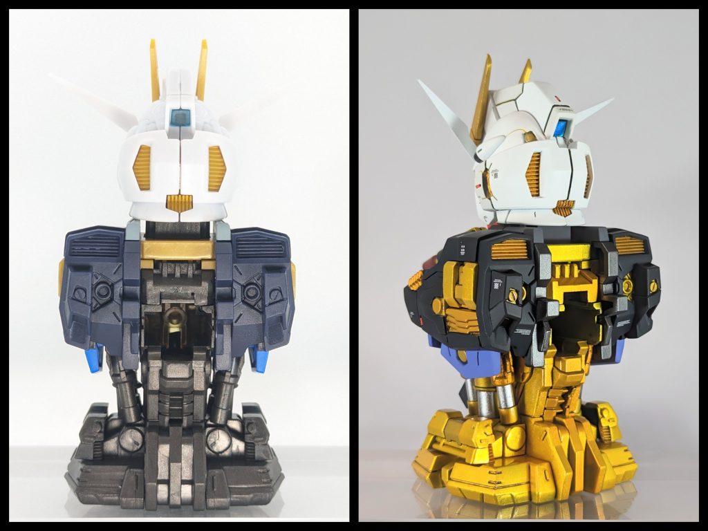 ビフォーアフターゴールド部分が増えているのが良くわかる(gandam-hand1)塗り分けがかなり大変でした‥(gandam1)
