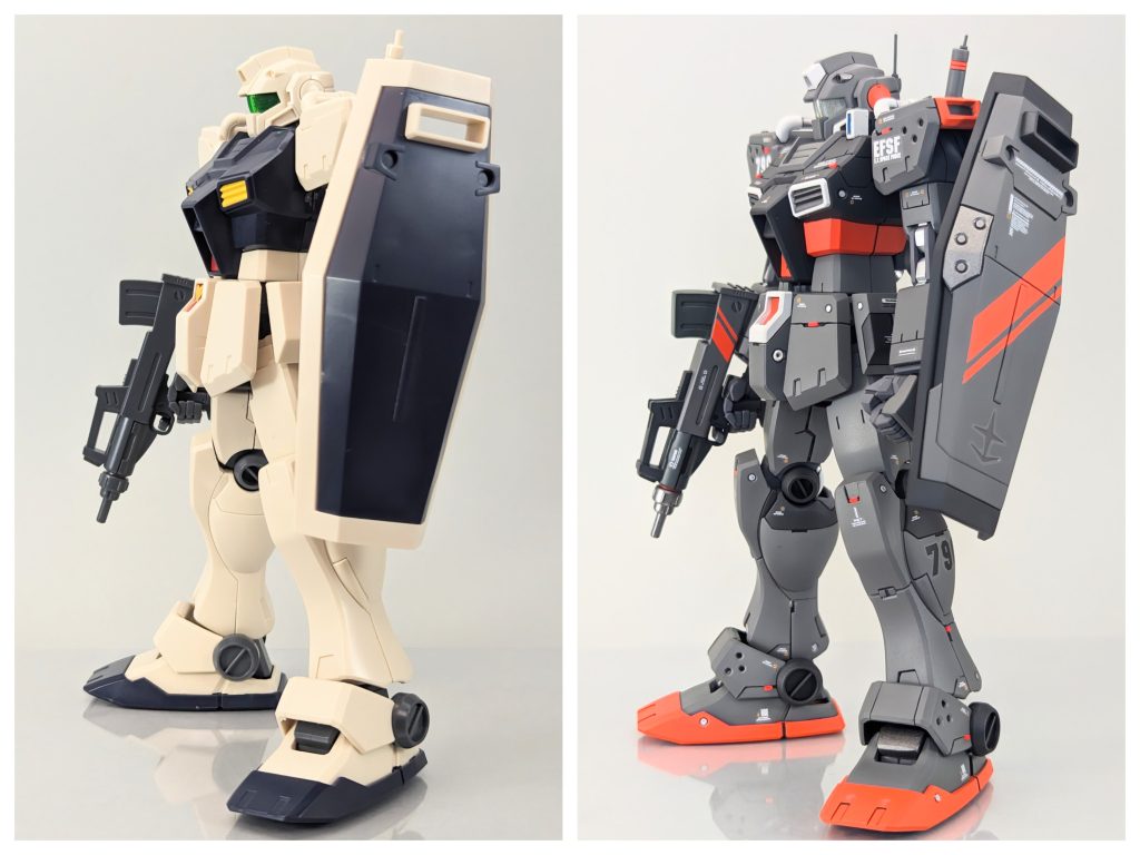 ビフォーアフタースタイル改修は胴体を少し延長しただけで、跡はスジボリライン追加と若干のディティールアップ位です。あっ、股間のV字は個人的に好きでない為無くしました元のキットがかなり良いので、少しいじるだけで十分カッコイイですね(gundam-kao3)&nbsp;