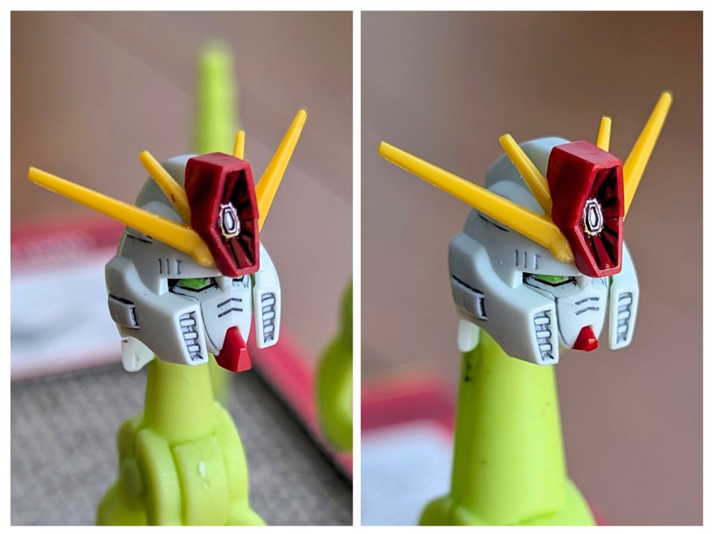 フェイスマスクは小顔な方が好みなので、マスク部を少し削ったり赤いアゴのパーツを短くしました（左が加工前、右が加工後）