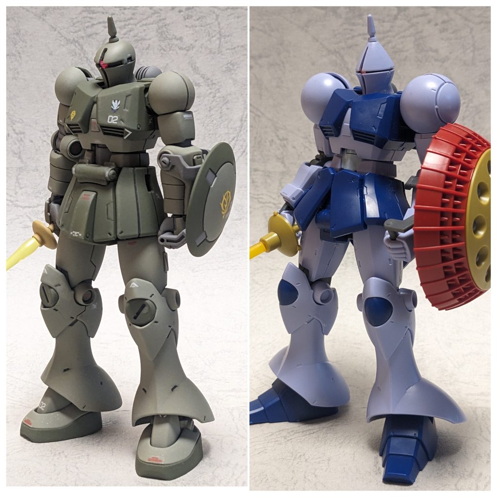 ギャンとの比較。今回最終量産型ということで一年戦争末期のジオン軍の状況と、量産型としての弱々しさみたいなのが出せるよう意識しました。