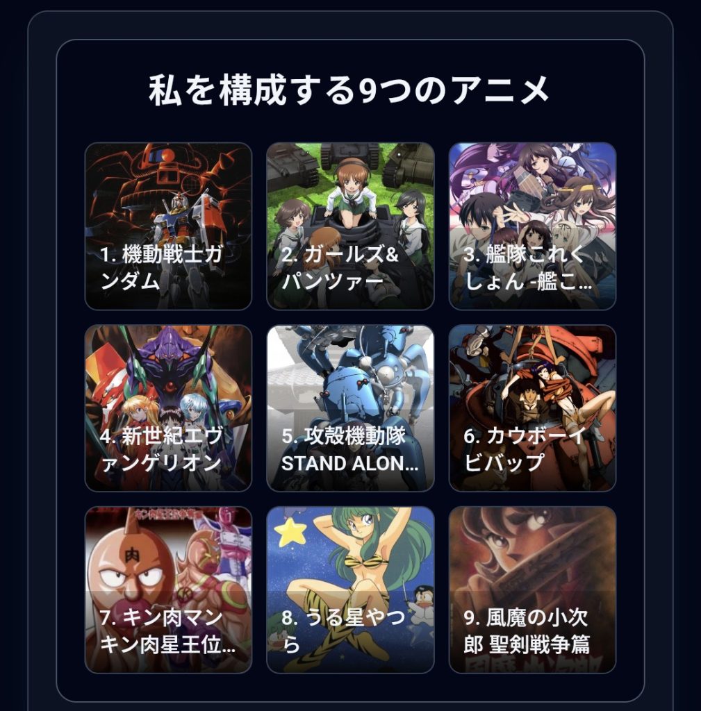 作品名：私を構成する9つのアニメ2<p>9つ…圧倒的にすくないですね💧 ゼータ出てこないし… やっぱり雑食な傾向がありますね😅笑</p>
