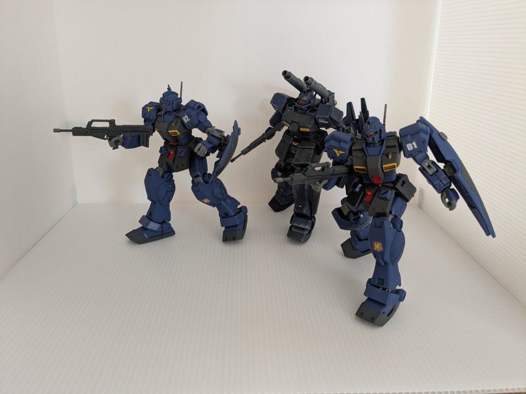 デラーズ紛争後、ティターンズに配属された直後の彼らをイメージしました。リベンジング・ゼフィランサスが活躍する脳内のIF世界で、不死身の第四小隊の面々が乗っています。ジム・クゥエル1号機ベイト、2号機モンシア、ジム・キャノンⅡにアデルの設定です。