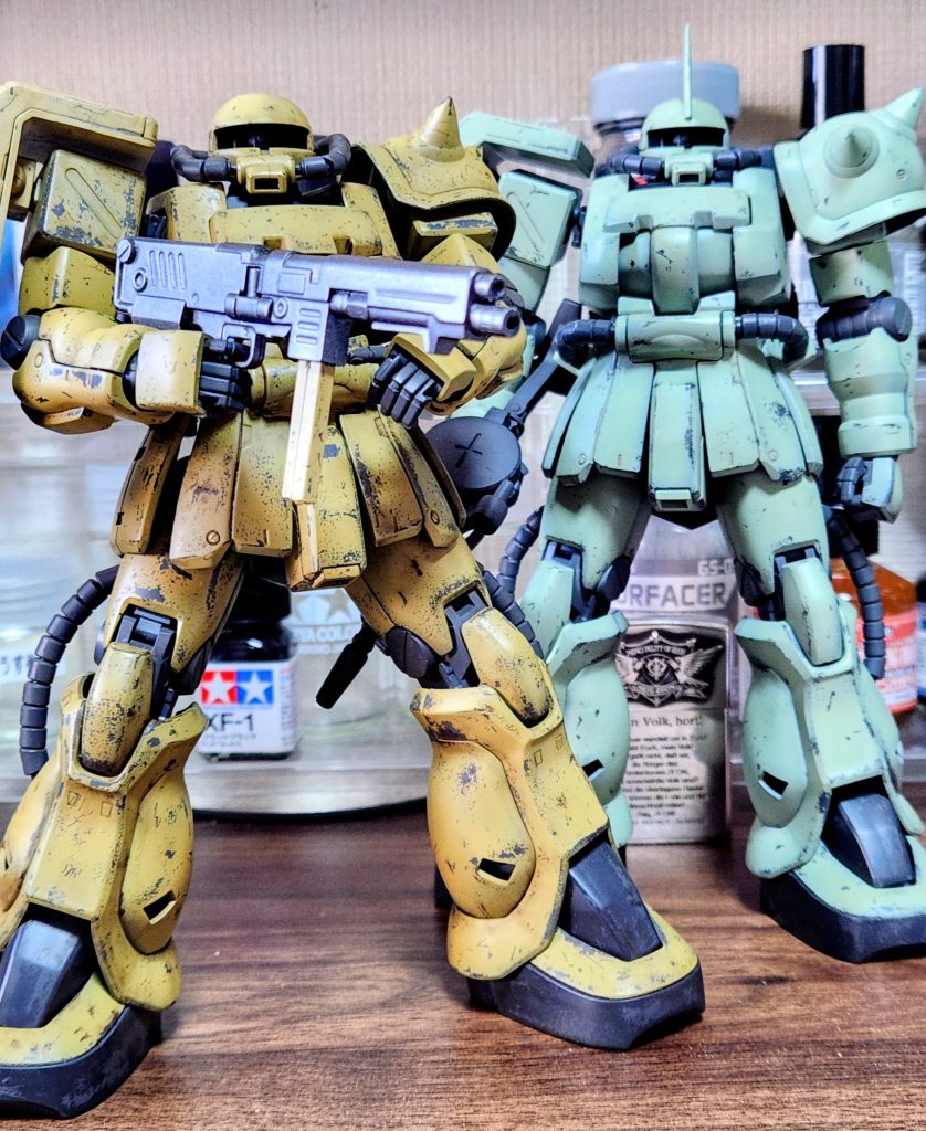 作品名：<p>サフ塗装したら勢いで塗装剥がし、ウェザリング一層目まで進めました。ビッター少将のザクはあまり稼働させていない、兵士のザクは頻繁に稼働していると考えて、バランス見ながら差をつけました。パーツ割れや色味が出ない等、色々ありま [&hellip;]</p>
