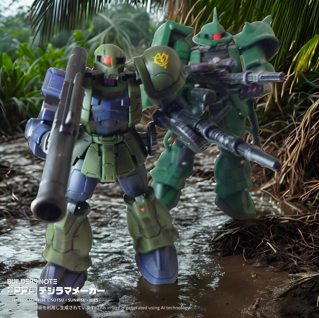 ザクⅡとジャングルを行軍 もう1機いたら、トップ小隊みたいですね