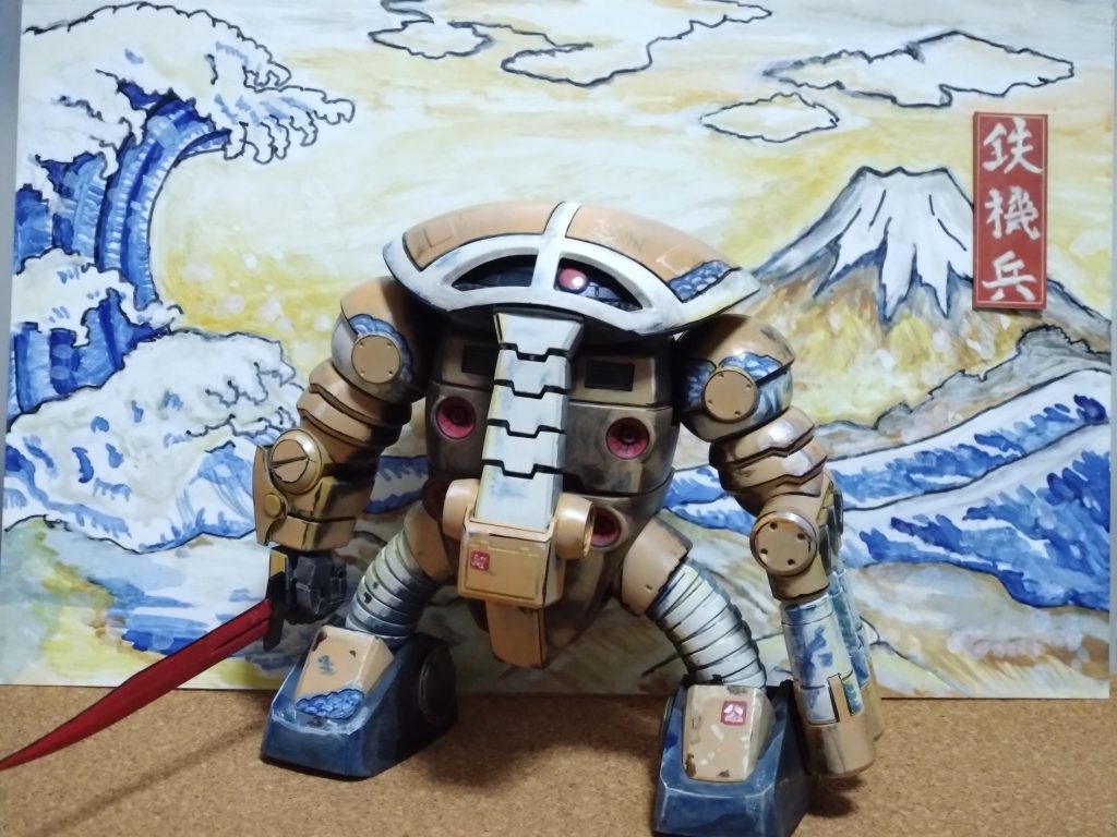 浮世絵風ということでこの角度に絞って塗装してます。絵と立体の組み合わせなので難しいです。