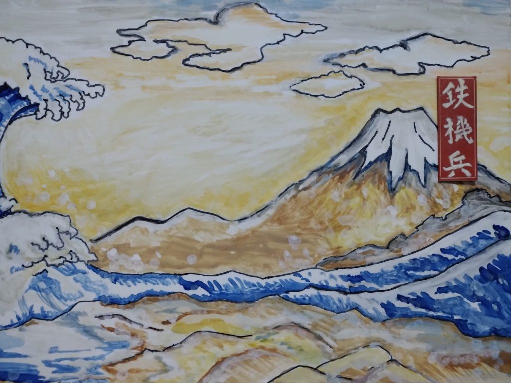 まず思いついてから何となく鉛筆でプラ板に下書きしてから油性マジックで線をいれました。実験的に水性カラーでそれっぽく塗装して背景書いてみましたがコレならまぁまぁかとMSも塗装してみることにしました。