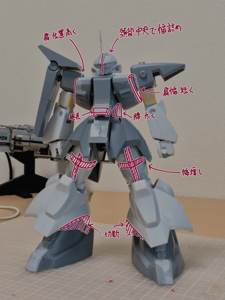 プロポーションに手を加えた箇所です。肩の位置を上げたり、脚を長くしたり。やはり太ももの大型化が顕著でしょうか。