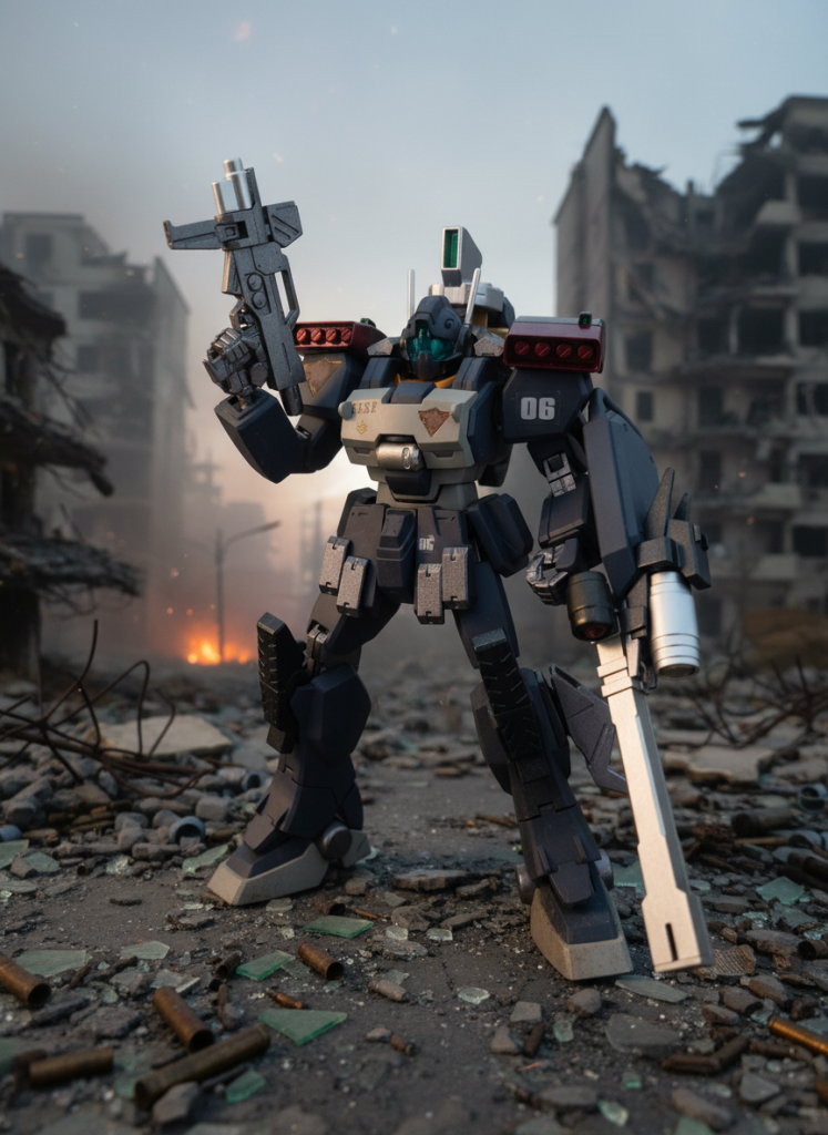 戦場で活躍する陸戦型ジムⅢ6番機。酒好き女好きのベルナルド・モンシア中尉みたいな癖のあるパイロットが搭乗している設定で妄想しています。