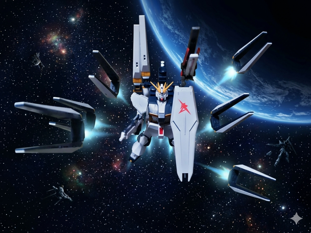 プラモデル本体は加工しないで、とプロンプト入力したバージョン。フィン・ファンネルは懸架しているのが２つ。画面左に3つ。画面右に1つなんですが…何故かフィン・ファンネルの数が増えてます🤣