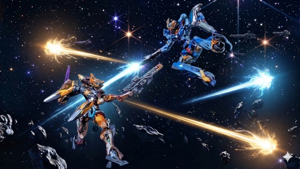 青ジークアクスと黄ジフレドの闘い