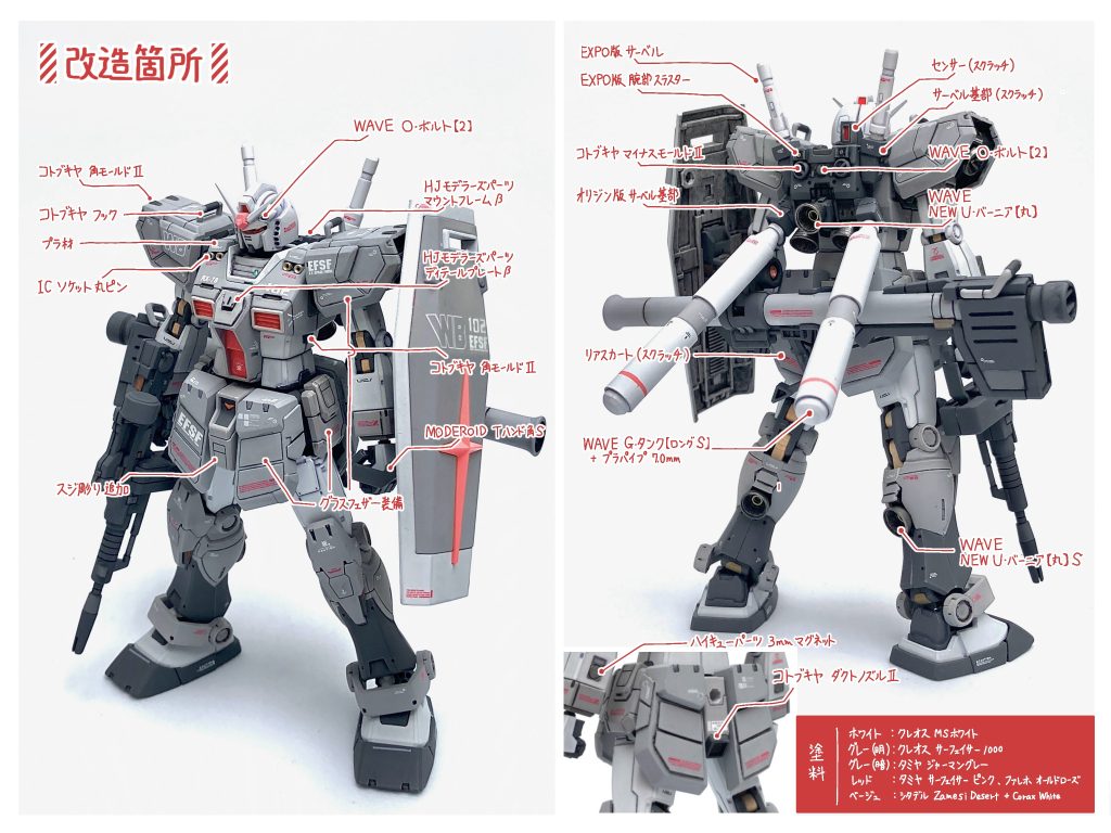改造箇所や塗料は画像を参照。オリジン版をベースにグラスフェザー(フェザー抜き)を付け、ディテールアップしています。