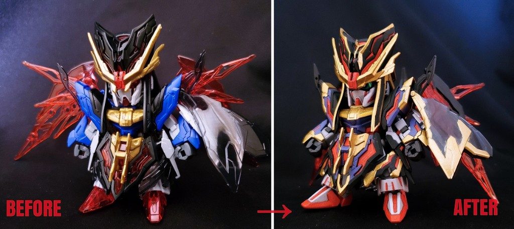 左(素組)と比較。最近のキットですがやはりシールだけでは補えないので全塗装しました。ヤフオク出品中でそちらに詳細が書かれていますので興味のある方には是非ご覧いただきたいですm(_ _)m三国創傑伝は全部作ってみたいくらい良い造形です。