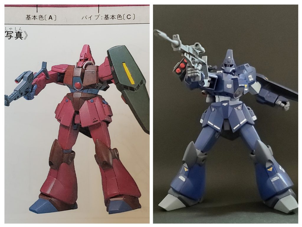 こちらは取説にある完成見本との比較～😎🎵制作する際に『この姿は厳しい～🤣これは無いわ～💦』と思い頑張った次第です🤭💦各所の改修により腰も回転して、まともにビームライフルを構えられるようになったかと思います～🙌✨今回の制作にあたり、どう攻めたら良いか考えモデラーのY.S.P.Cさんのライラβや幾人かの方の作例を見ましたが…皆様レベルが高く、制作技術に差がありすぎてマネするなど一切出来ませんでした🤣💦