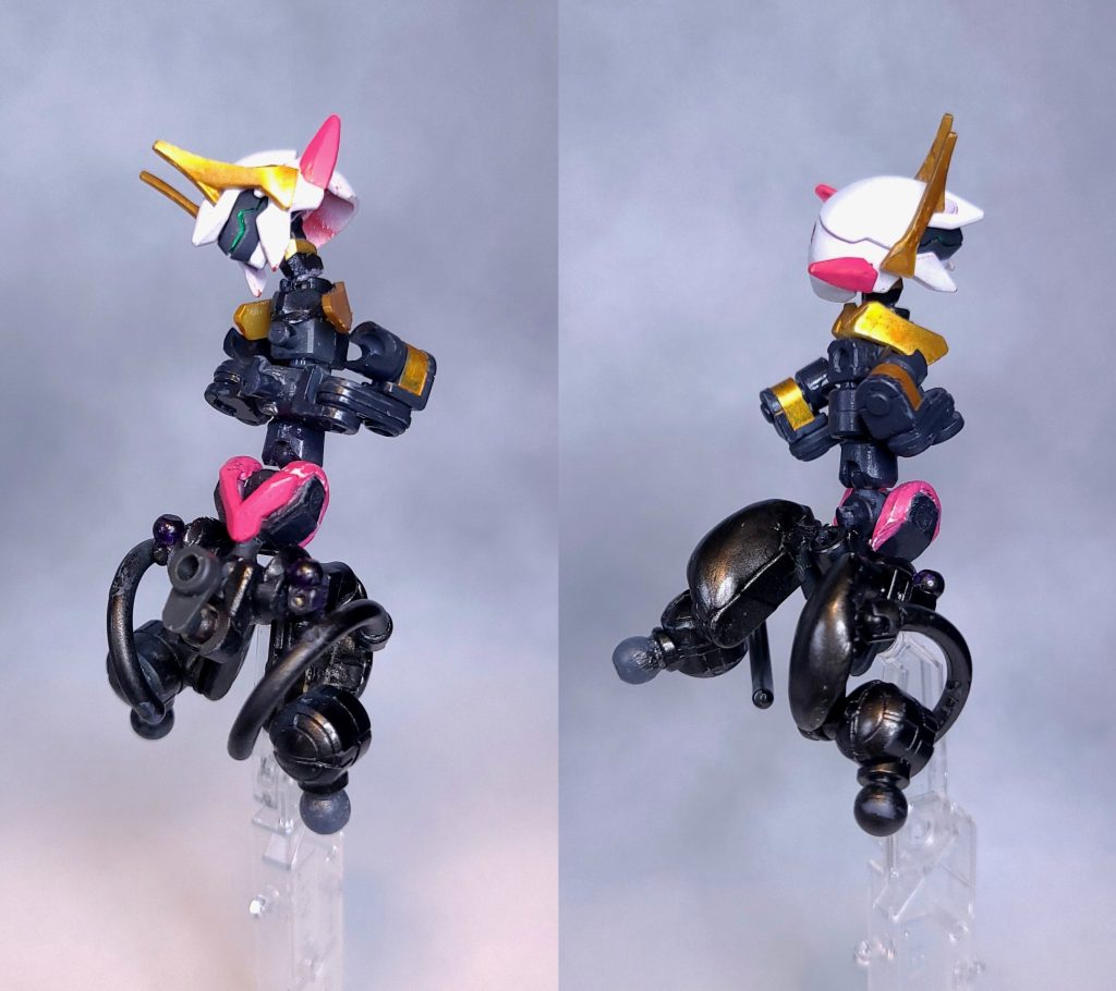 脊椎から骨盤のフレームはこのような感じになっています。コトブキヤのメガロマリアシリーズの構造を参考にしつつ、30MMやホビーベース関節技を用いて製作しました。骨盤が左右独立して可動する構造も受け継いでいます。