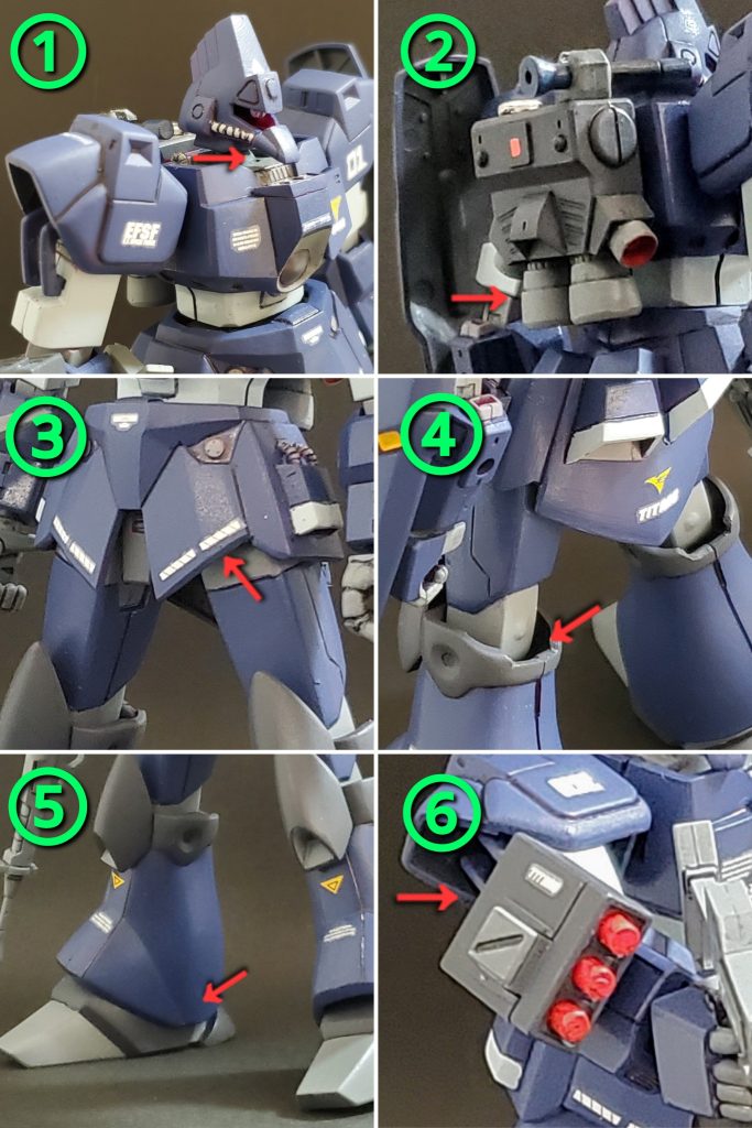 ここから今回の改修ポイント～🤩✨①本来襟元から首に沿うように伸びてる動力パイプですが、首の可動域に支障があるのでオミット🎵②バックパックがデフォルトだと寂しい感じでしたので、バーニアノズル大2基、脇に少2基を増設いたしました👍️③前および脇の腰スカートが凄～くダサい形状に感じましてので、鋭さが出るようにカッティングして整えました✂️✨この工程により、形状だけでなく股関節の可動域もアップしてます😎👍️また太ももパーツには唯一のスジ彫りを追加～🎶④膝裏側の関節も可動域を上げるために削り込んで可動範囲をアップさせてます🎵⑤足首内側に当たる足元スカート内側を少々削り可動範囲を上昇させました🙌⑥武装がライフルだけで物足りないので3連ランチャーパックを追加❕こちらはザクのミサイルポッドを流用です🤭🎶ミサイル弾頭は１㎜プラ棒🎵