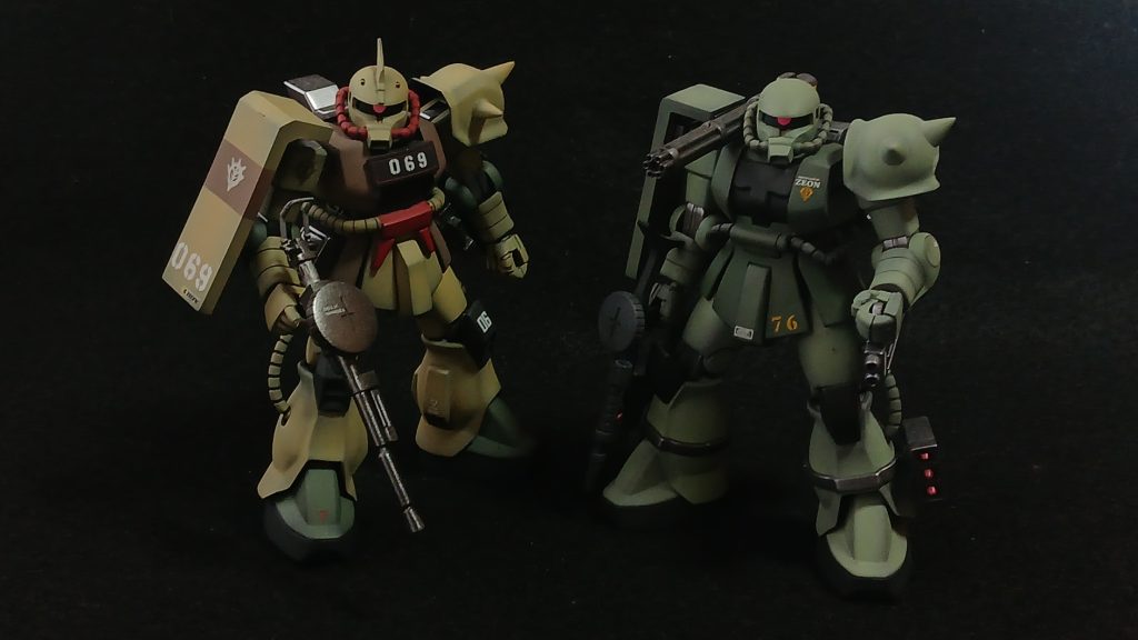 地上戦用局地戦タイプ!06DはHGUC040のザクⅡをベースに旧キットMSVの06Dのパーツスワップで製作しました。ハーフキャノンは同じくHGUC040のザクⅡをベースにオリジン版ザクキャノンのバックパックを移植するという簡易改造版!まあ元々の開発コンセプト通り、標準型のザクにキャノン用兵装をスワップするという目的は果たされておりますね。