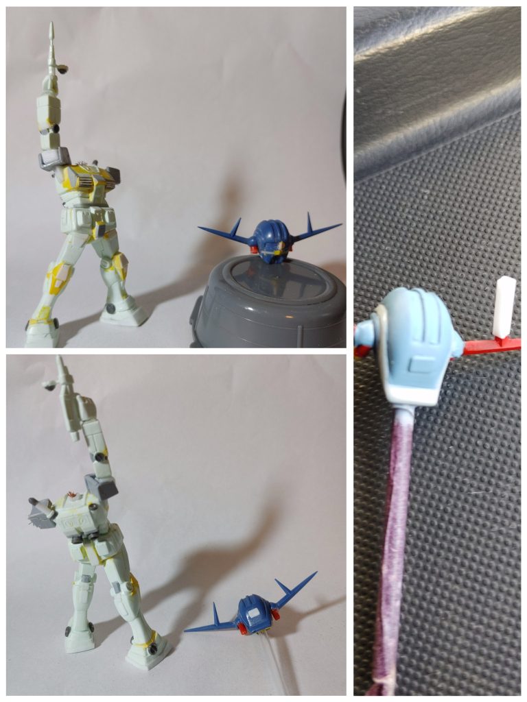 改修箇所ガンダム(オリジンガンダムを意識しました)右腕が曲がっているので真っ直ぐな左腕を右腕として使用肩アーマーはプラ板でスクラッチ　肩パーツは5mmプラ角棒胴体は各部位ごとにバラバラにカットして2mm幅詰め胸部ダクトはプラ板等でスクラッチ腹部はプラ板挟んで少しのけぞらせてます。腰部は真ん中がスゴく太くて不恰好だったのでV字の真ん中カットしてやはり2mm幅詰め右足と左足は長さを変えて奥行き出る感じっぽく膝アーマーはパテ、プラ板でディテールアップスリッパは形を整えてからプラ板でスクラッチ関節はマイナスモールド、プラ板でディテールアップビームサーベル柄は細かったので2mmプラ棒で太くしましたランドセルは真っ直ぐでカットして2mm幅詰コトブキヤバーニアノズル各所スジ彫り、ディテール追加ジオング(RGっぽく)モノアイ電飾、Hアイズ化顔がブサイクだったのでモノアイ下、口メガ粒子砲の間あたりでカットして1mmプラ板挟んでアゴ下を削って今風のジオング顔に耳バーニアは赤のランナーを加工してRGみたいな楕円バーニアにしてみましたアンテナシャープ化スジ彫り、ディテール追加失敗😅アンテナの先端が折れてプラ角棒から削りだすハメに😢