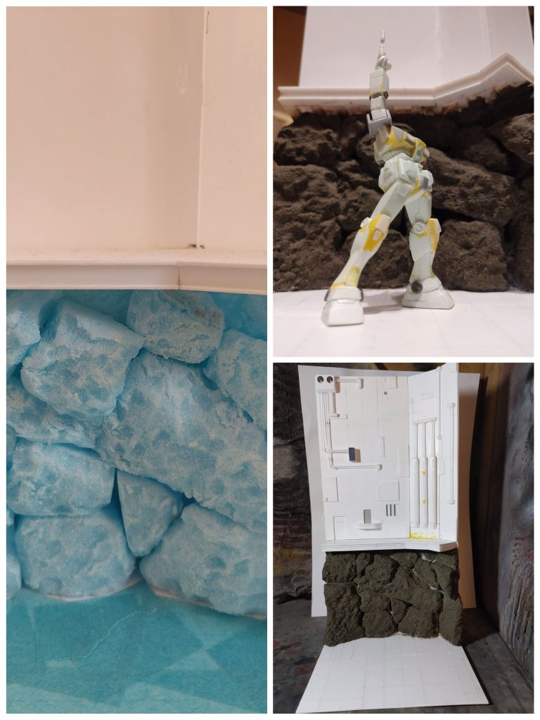 ジオラマ下部岩っぽいのはスタイロホームで岩っぽく作ってみましたジオラマ上部1mmプラ棒、3、5mm角棒、100均プラ板でディテールアップレッド、グリーンチップ(初)床、壁スジ彫り