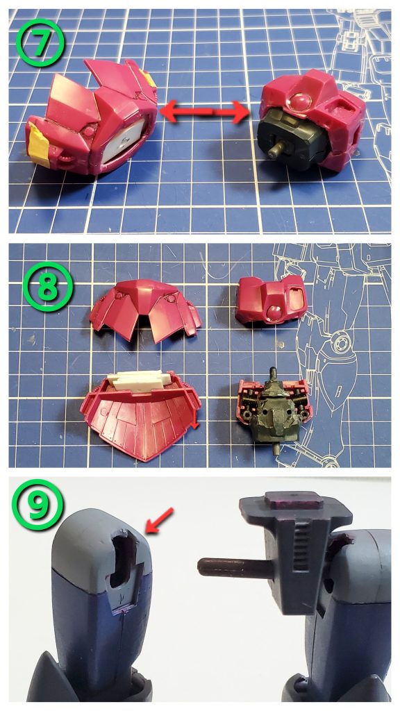 ⑦⑧今回、最大の難関となった胴回り改修👊✨旧キットは当然の如く上半身～腰まで一体化しており、腰をひねる事は出来ません。しかしHGUCに少しでも近づけるためには、腰の回転可動は必要不可欠‼️という事で、算段も立たないままとりあえずぶった切ってしまいました～🤣💦切ってから…どないしましょ…😱💦となり色々試していく中で、旧HGUC百式のボディ内部パーツが使えるのでは？🤔となり、チャレンジ👊✨幸い少し削っただけで、組み込む事に成功😎👍️悩んでいた首接続パーツも利用出来て一石二鳥で上半身は問題解決🙌下半身の腰部分には上半身との接続のための受け台？が必要なので、プラ板1.2㎜を４枚重ね、ピンバイスで穴を穿ち接続棒を加えて接続可能としました😎✨⑨せっかくポリキャップが入っていて可動するのに、開口が狭い股関節。そのままでは、ほとんど可動しませんので軸が接触する上の方を削り、股が開きやすいよう改修してます🎵