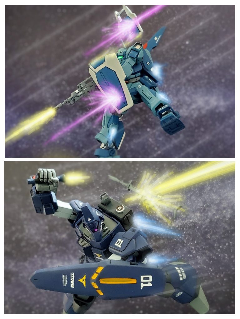 幾多の戦場で鍛え抜かれたフィリップの感覚は、ロックオンがされてない中でもメイベルのネモを捉え、ビームライフルを叩き込む。それを受け止めるシールドは、数発のビームを受けた事により、ビームコーティング耐久も失くなり、ついに吹き飛ぶ。だがその反撃を受ける中、メイベルはガルバルディβのビームライフルに直撃させる。フィリップは誘爆を避けるため損傷をしたライフルを投げ捨て、機体をグルリと旋回させビームサーベルを抜く。