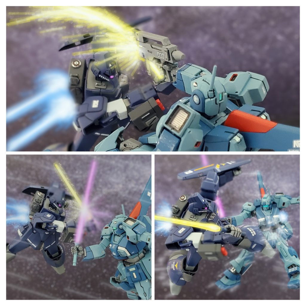 ネモを視界に捉えたガルバルディβは、一気に間合いを詰めネモのビームライフルを切り落とす。間近に接近してきたガルバルディβから一瞬離れ、やはり手強い相手と苦笑いするメイベル・レナ。そして両者はビームサーベルを片手に激突‼️交えては離れて加速をかけて再び激突を繰り返す。ビーム同士が接触し、まばゆい光が辺りを照らす✴️『さすがはメイベル…やるなぁ…だが‼️』フィリップは鍔迫り合いから相手のビームサーベルをなぎ払い、動きを止めるための強烈な蹴りをネモの腹部に叩き込む。強い衝撃を受け後方へと吹き飛ばされるメイベルのネモ。その衝撃で目をつむりそうになるメイベルだったが、目を閉じたらフィリップの次の攻撃に対応出来ないと、強烈なGに耐えながら必死で目をこじ開け前を見る。