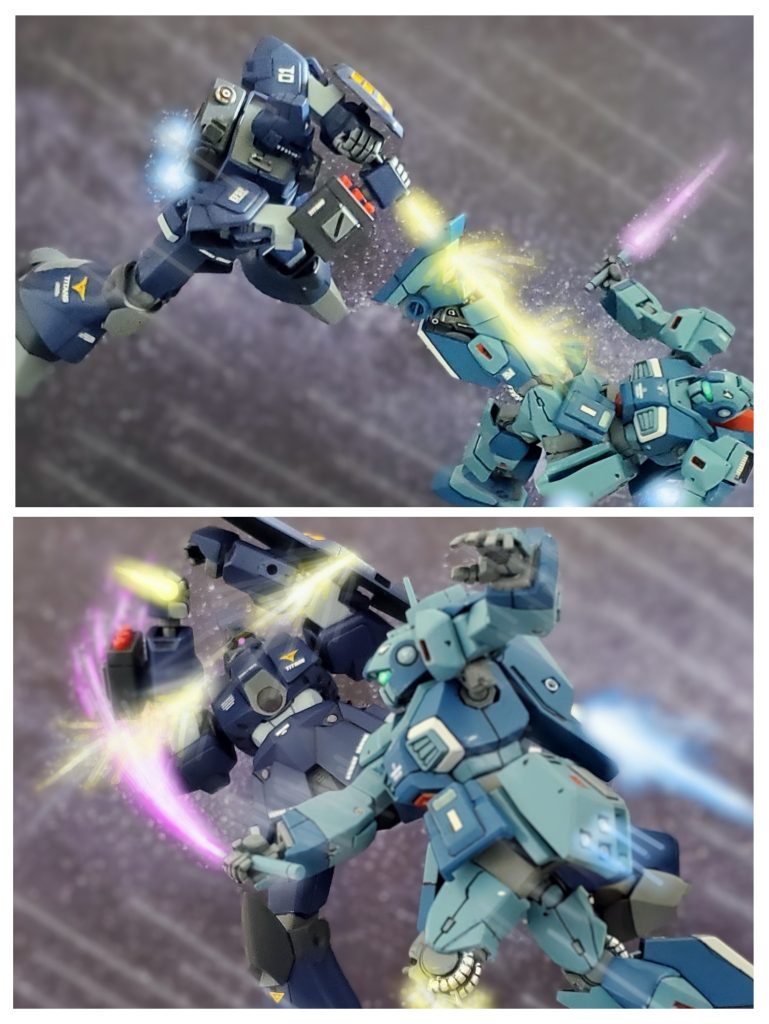 吹き飛ばされ機体が安定しない中、メイベルはスロットレバーをひねり、左脚部をビームサーベルに向ける。そしてガルバルディβのビームサーベルは本体に届く前に脚部に突き刺さる。『チィ❗足を捨てて止めやがるだと…。』その捨て身の受け止めに一瞬動きを止めるフィリップのガルバルディβ。その一瞬、ここしかチャンスがない❗と、メイベルはバーニアペダルを強く踏み姿勢制御で無理矢理機体を起こし、そしてビームサーベルを振り抜く。そしてメイベルの放つ渾身のビームサーベルは、ガルバルディβの両腕を切り落とす‼️こうして両腕を失い攻撃手段を失ったフィリップのガルバルディβはネモから急速に離れていくのであった…🌠