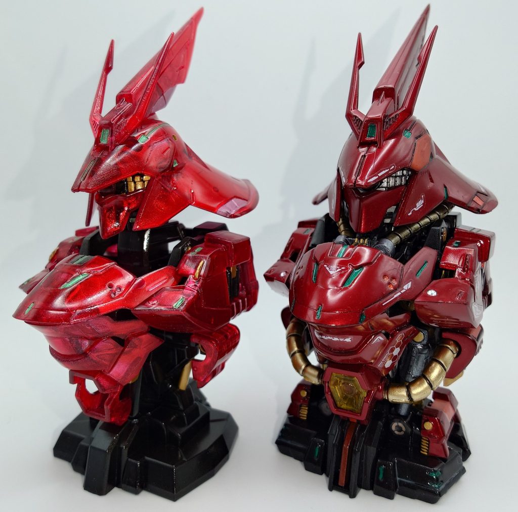 以上、MSメカニカルバスト　サザビーの『カラー版』と『クリア版』をそれぞれ塗装したものでした。最後までご覧いただき、ありがとうございました。