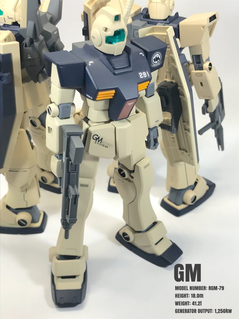 機体No.291 ジムです。上半身より上をジム、下半身より下をジムⅡを使ったミキシングとなっております。（何気に手間が掛かってます。）一年戦争で使用した機体をバージョンアップにより延命したシニアパイロット用という脳内設定です。