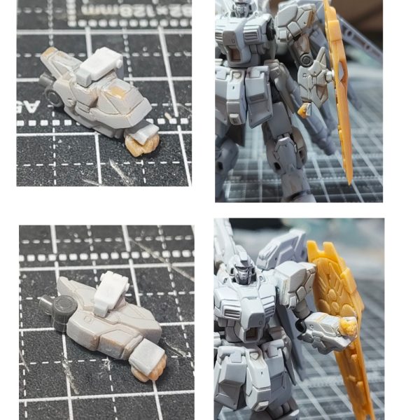 【ガンダムアーティファクト　Hi-νガンダム　ライフル　シールド改修】①ビームライフルのセンサー部分と後方部のディテール追加。②シールドのダクト部分のディテール変更。切り抜いて、プラ板でモールドを掘ったものをはめ込む。裏も接続部分をネオジムを仕込む。③シールドアタッチメントの制作。直径2㎜厚さ1㎜のネオジムをＬ字型にプラ板、プラ棒で制作したアタッチメントの2面に仕込む。④アタッチメントの2面を使い、肘を曲げても横の面に装着できます。⑤腕にもネオジムを仕込んでいるので、シールド装備しないときのネオジム隠しを制作。フタにネオジム仕込んでます。大きな変更はしていませんが情報量をちょい足し改修でした。アタッチメントは、前回の改修ではホチキスの針で磁石受けをしていましたが取れやすかったのでネオジムをふんだんに使いました。（5枚目）