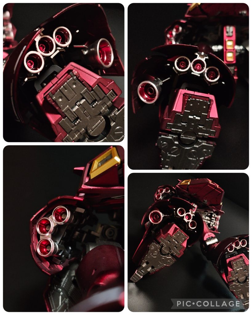 バーニアの塗装は黒サフ→シルバー→クリアレッドでキャンディ塗装→マスキングねんどでマスキング→バーニア外側をシルバーで塗装。