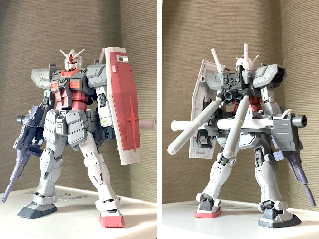 塗装直前の画像。淡いトリコロールにするか迷ったのですが、結局グレーのカラーリングに。近藤版MSほど極端に肩やスカートが大きくはないので、数年前にシリーズ展開が終了した「FW GUNDAM STANDart」のデザインアレンジっぽいバランスにも見えます。STANDArt、けっこう好きだったんですよねー。