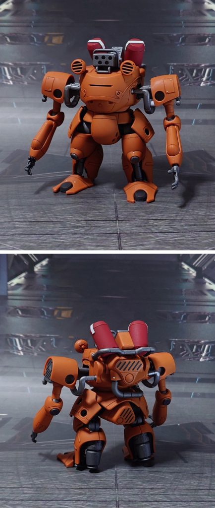 ドラケンEの前後ろ。工作は、ゲート痕処理、パーティングライン・段ズレ・ヒケの対処、面出し、穴開け、市販パーツ貼り付け・埋め込みによるディティールアップを実施。キットはリーア軍所属機、ジオン軍所属機の選択式ですが、個人的な好みでハイブリッド型にしました。