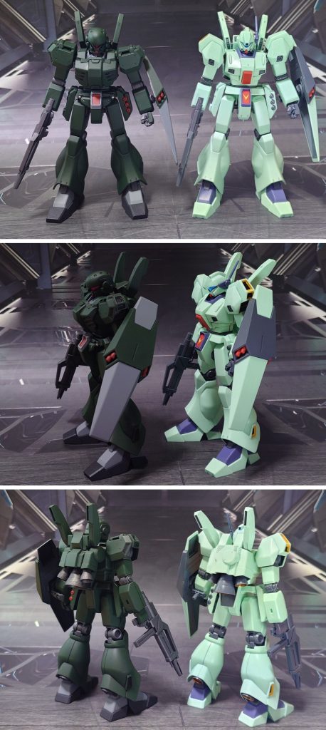 原型機のジェガンとの比較。■塗装レシピ緑：黒サフ→ブリティッシュグリーン→光沢→つや消し黒：黒サフ→メタリックブラック→つや消し赤：グレーサフ→ダルレッド→光沢→つや消しグレー：黒サフ→呉海軍工廠グレイ→光沢→つや消し関節類グレー：黒サフ→ブライトガンメタル→つや消しスラスター類グレー：黒サフ→メタリックグレイ→つや消し武器類グレー：黒サフ→ガンメタル→つや消しスターク・ジェガン用追加装甲グレー：黒サフ→ブライトガンメタル→光沢→つや消しポリキャップ①：つや消し→PPプライマー→ブライトガンメタル→つや消しポリキャップ②：つや消しビームサーベルグリップ：黒サフ→光沢→つや消しビームサーベル刃：根元にベースホワイト→先端側にメタリックレッド→全体に蛍光ピンク頭部バイザー、メインカメラ：裏側にガンダムマーカー・メッキシルバー→光沢武器類センサー：市販のシール素材を使用その他墨入れ・部分塗装：ガンダムマーカー各種