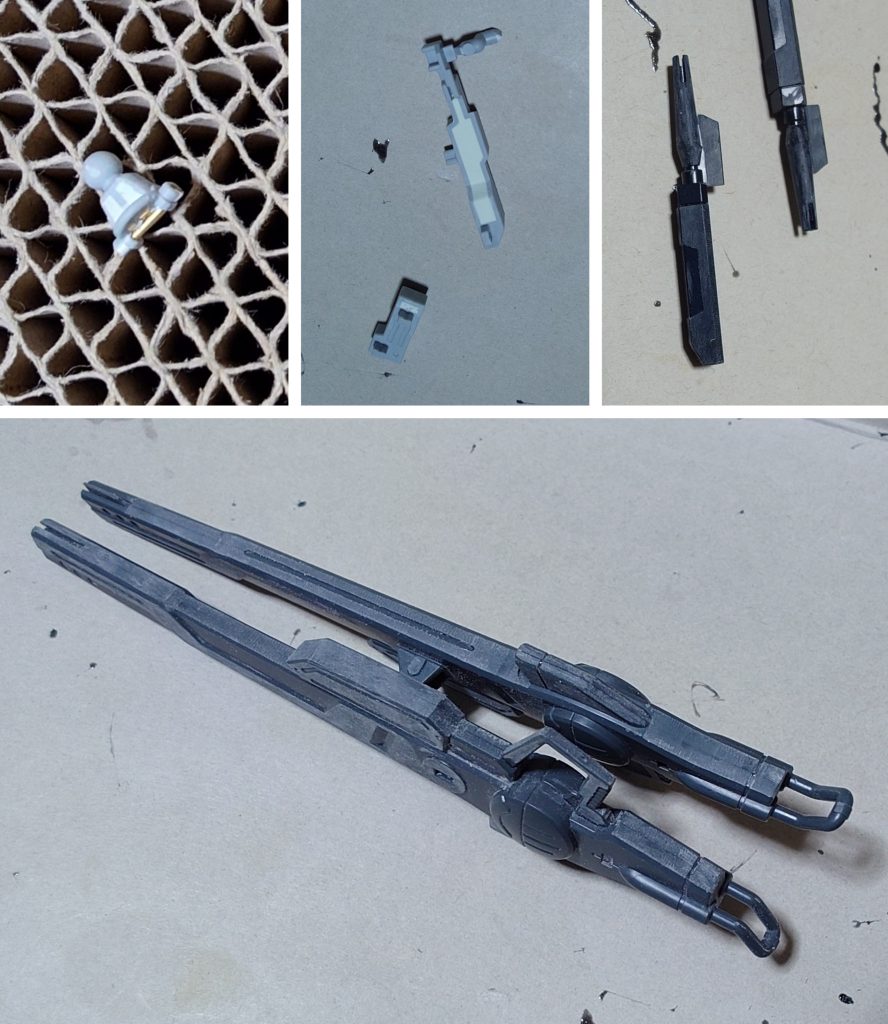 合わせ目消しと肉抜き穴埋めの様子。合わせ目消しは、ビームライフル銃口部、手持ちレールガン2丁に実施。肉抜き穴埋めは、首関節裏、手持ちレールガン用ジョイントパーツに実施。