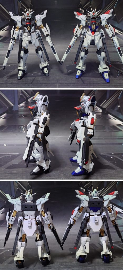 今回の弐式と過去作のマイティーとの比較。■塗装レシピ白:パーツ裏側に黒サフ→パーツ表側にグレーサフ→パープルヘイズ→キャラクターホワイト→光沢→つや消し黒:黒サフ→メタリックブラック→つや消し青:黒サフ→シルバー→レーシングブルー→光沢→つや消し赤:黒サフ→シルバー→メタリックレッド→光沢→つや消し銀:黒サフ→シャインシルバー→つや消しグレー:黒サフ→ブライトガンメタル→つや消しレールガン用ジョイントグレー:黒サフ→ブライトガンメタル→光沢→つや消し関節類金:黒サフ→ゴールド→光沢頭部アンテナ金:黒サフ→ブラック→メタルゴールド→光沢ビームサーベル刃エフェクト:先端側にメタリックレッド→根元側にベースホワイト→全体に蛍光ピンクビームシールドエフェクト:表側にガンダムマーカー・光の翼ホロブルー→光沢光の翼エフェクト、バックパック支えジョイント、アクションベース:光沢ツインアイ、頭部センサー類:キット付属シールを使用→光沢ビームライフルセンサー:キット付属シールを使用→つや消し墨入れ・部分塗装:ガンダムマーカー各種を使用