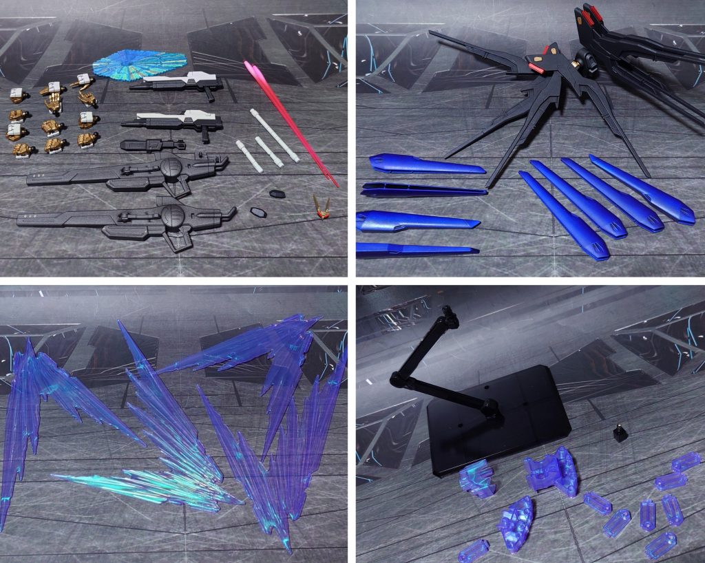 付属品一式。手首は30MMオプションパーツセットのものに置き換えました。この画像には写っていませんが、ウェポンディスプレイベース01も必要数用意し、ドラグーンフルバースト再現可能にしました。