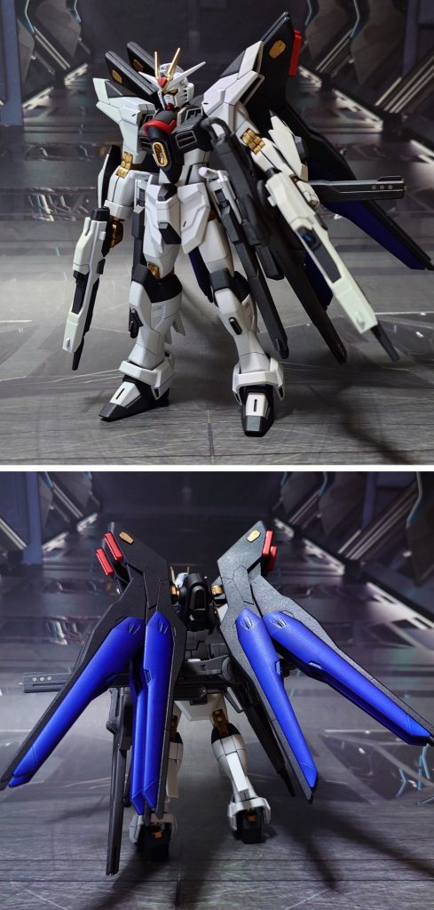 ストライクフリーダムガンダム弐式の前後ろ。工作は、ゲート痕処理、エッジ尖らせ、パーティングライン・段ズレ・ヒケの対処、面出し、合わせ目消し、肉抜き穴埋め、穴開け、市販パーツ貼り付け・埋め込みによるディティールアップ、可動軸への真鍮線埋め込みを実施。