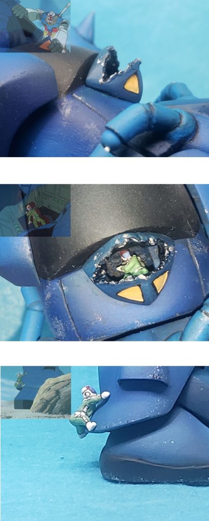 (^O^) ガンダムに引き裂かれるコックピット。(^O^) 驚愕するジオン兵。(^O^) 慌てて脱出を図るジオン兵。