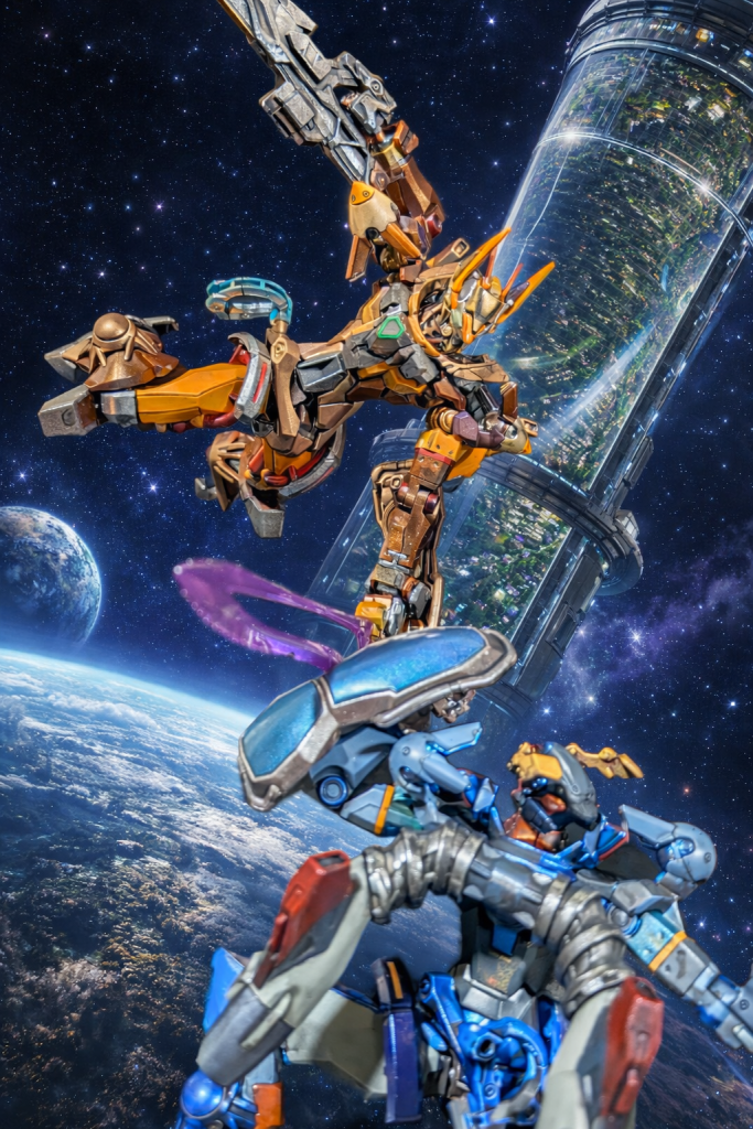 青ジークアクスと黄ジフレドの闘い–6枚目/制作者：Mio ガンプラ会