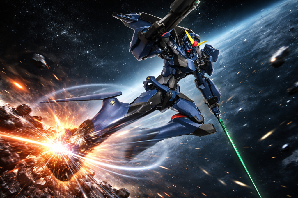 2.互いに拮抗しているように思えた、その時だった。突然、黒い機体の機動が鋭くなる。スラスターの光が弾けるように輝いたかと思うと、黒い機体は視界から消えていた。サイコミュを通じて、敵パイロットが鼻で笑う気配が伝わってくる。「遊んでたっていうの！？　ムカつく！」彼女は機影に向けてビーム・ライフルを乱射した。しかし、黒い機体は滑るような動きでそれを回避する。次の瞬間。黒い機体の放ったビームが右腕を直撃した。腕部が爆散する。衝撃で機体がよろめいた。泣き喚く様に鳴り響くアラート音。「なんなの……コイツ……っ！」彼女はスラスターを吹かし、後退しようとする。だが、そのわずかな隙を黒い機体は逃がすはずもなく一気に距離を詰めに来る。「うああっ！！」次の瞬間、腹部に蹴りが叩き込まれた。機体は弾き飛ばされ、背後の小惑星へと叩きつけられる。凄まじい衝撃。背中から激突した衝撃がコックピットを激しく揺らした。その時、黒い機体から通信が入った。『この程度か。ジオンのニュータイプ』尊大な声音だった。だが抵抗しようにも、すでにビーム・ライフルの銃口がコックピットに突きつけられている。「アンタ、一体何なのっ！」湧き上がる恐怖を振り払うように、彼女は叫ぶ。通信ウィンドウに、黒い機体のパイロットの顔が映し出された。青みがかった髪。つり上がった目。端正な顔立ちだが、どこか傲慢さを感じさせる男だった。『オリジナルとテストしようってのに、わざわざ誘い込んだのはいいが……』男は鼻で笑う。『肝心のパイロットがこれじゃな。買い被りすぎたようだ』「は？　テスト？」正体不明の船は、自分を誘き出すための餌だったというのか。「一体、何のためにそんなこと……」『テストはテストだ』男は肩をすくめた。『だがオリジナルも、さすがにもう旧式だな』わずかに間を置く。『コピー相手にこのザマとは』さらに、わざとらしく言い足した。『……いや。パイロットの差かな？』黒い機体のパイロットは、好き放題に言ってくれた。