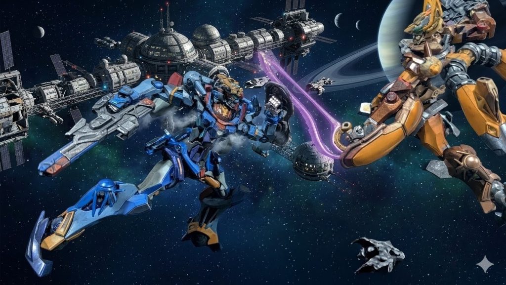 青ジークアクスと黄ジフレドの闘い–3枚目/制作者：Mio ガンプラ会