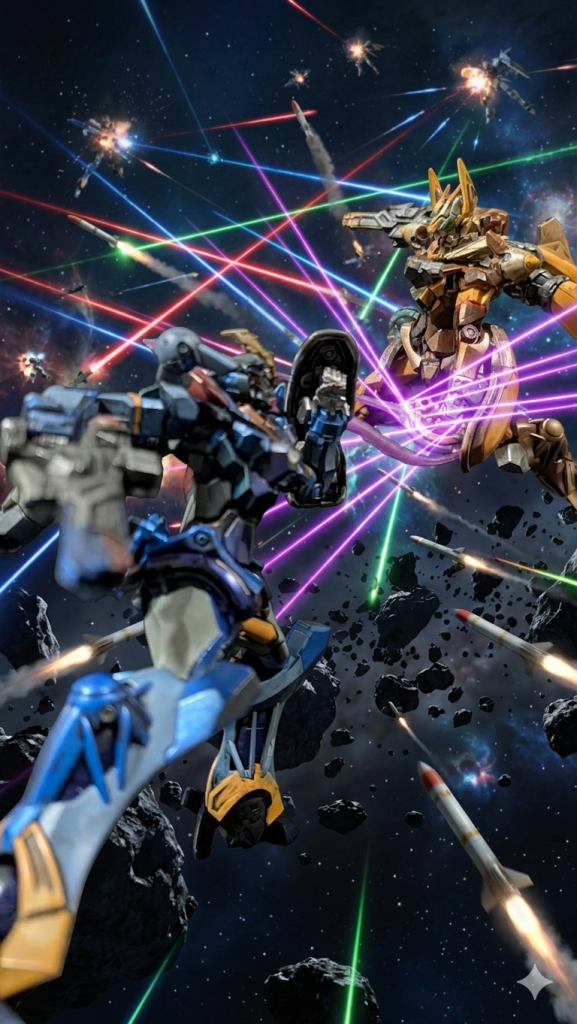 青ジークアクスと黄ジフレドの闘い–4枚目/制作者：Mio ガンプラ会