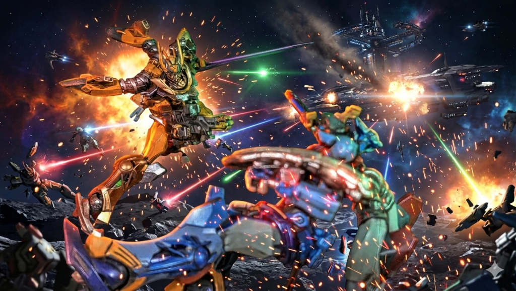 青ジークアクスと黄ジフレドの闘い–5枚目/制作者：Mio ガンプラ会