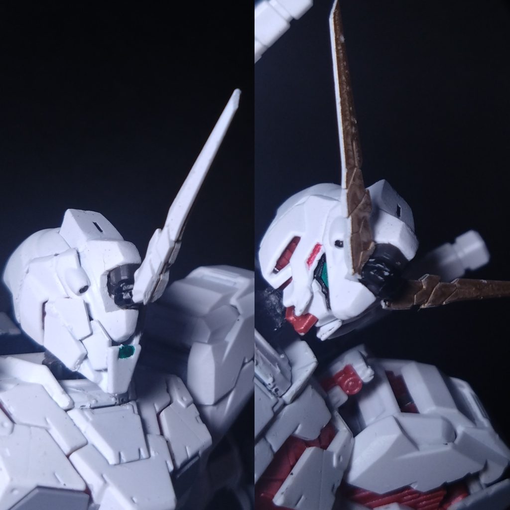 顔の比較はこんな感じ。顔は一番最初に考えて1番時間がかかった場所です。アンテナは少し小さめにしてます。&nbsp;特にユニコーンモードのフェイスガードをどうするかが難しかったです。最初はパテで作ろうとしてましたが、難しすぎて諦めようとした時、コトブキヤの三角モールドを使えばいいということを閃きました。ファラクトのチンガードに直接ペタペタしてます。&nbsp;デストロイにする時は外すだけ。楽ちん！&nbsp;