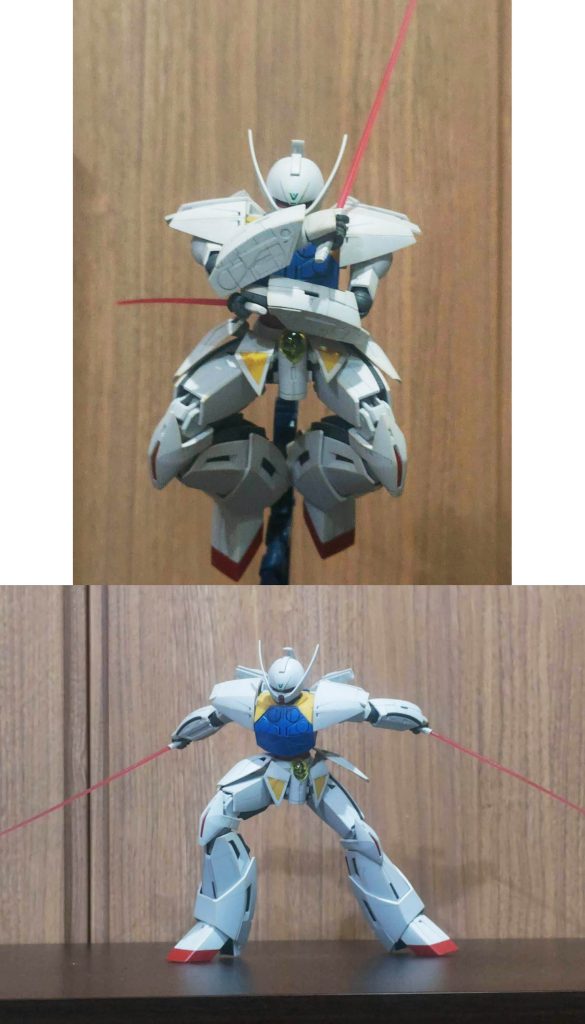 作中再現……と言うほど覚えてるわけではないですが、体を丸めて飛び込んでからのビームサーベル二刀流を一閃したシーンをイメージ。とはいえ劇中では斬る瞬間しかビーム刃を出していないので、飛び込むところはまだ出しておらず、振り抜いたところではビーム刃は消えてるんですよね。ビーム刃出したかったので、写真はその辺あえて無視してます。