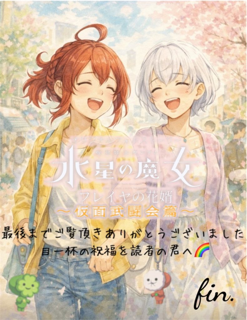 終章　-EVANGEL-　後編、そして全6章にわたりお届けしたフレイヤの花婿の物語はいかがだったでしょうか？もうひとつのサムシングフォー、主役機乗り換え、ガンダム・エイテール、再建造されたクワイエットゼロとILTS、仮面を外したミカエリス・ノーム、お助けフェルシーちゃんと、ちょっと詰め込み過ぎた感もありますが、最終回らしいお祭り騒ぎで、描きたかったものは全て詰め込めました。そもそも、水星の魔女の後日談を創作するきっかけが、テレビアニメで回収されなかった謎や描写を疑問に思ったことだったので、それらを妄想することが出発点だったといえます。きれいな大団円で終わった水星の魔女だったので、またスレッタたちを戦いに巻き込むのには抵抗もありましたが、残されていた謎に対する自分なりの答えも含めて、「命は限りあるからこそ美しいもの。エリクトたちカヴンの子らにもちゃんと終わりが与えられているんだ。」というテーマを描けたとおもいます。最期の「永遠に続く灰色よりも…」の一節は熊倉裕一先生のものです約半年の連載がとうとう終わりました！当初は2週間に一回掲載で、三ヶ月ぐらいで終わるんじゃないか？と甘い見立てをしていたものの、蓋を開けてみたら、素材のキットがなかなか決まらない、模型製作は進まない、小説の筆が乗らない日もある、仕事の繁忙期で全然時間も取れない…と、色んな事があり、連載は遅れに遅れ月刊ペースとなりました(;^_^Aとはいえ、劇中のラストシーンも元々「春」をイメージして書いたので、季節が丁度いい具合に追い付いてきたとも取れます。&nbsp;言わずもがな、私はガンプラを作りながら、いつもその機体の舞台裏を想像しているような人間なので、短編の引き出しはいくつでもあるのですが、今回、連続するストーリーを初めて書いてみた事で、沢山の気付きや成長を得る事が出来ました。何より、有言実行で、待ってくれている読者の皆さんのプレッシャーをある程度感じながら出来たのが新鮮でした！ｗそして、読者の皆さんの反応が、何よりのモチヴェーションであり、創作の原動力となりました！どんなに音沙汰が無くても、待ち続けて、読み続けてくれた皆さんには感謝しかありません✨ありがとうございました！半年間、水星のキットばかり作り続けたので、流石に久々に宇宙世紀が恋しいです笑また、次の作品でお会いしましょう！